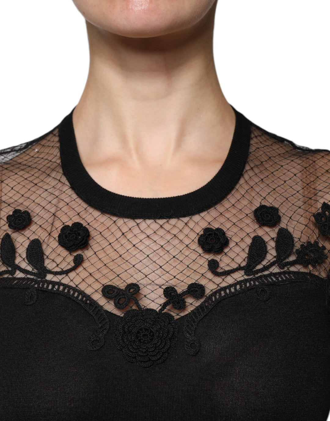 Dolce & Gabbana Black Floral Lace Short Sleeves Blouse Top