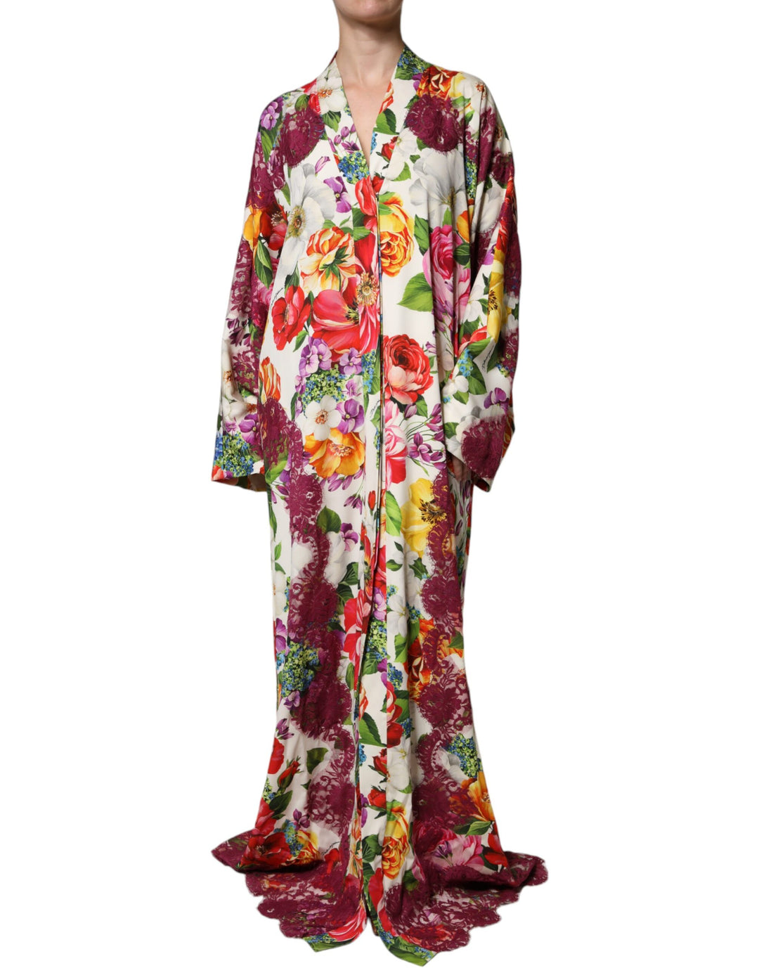 Dolce & Gabbana Multicolor Floral Lace Silk Abaya Long Sleeves Dress