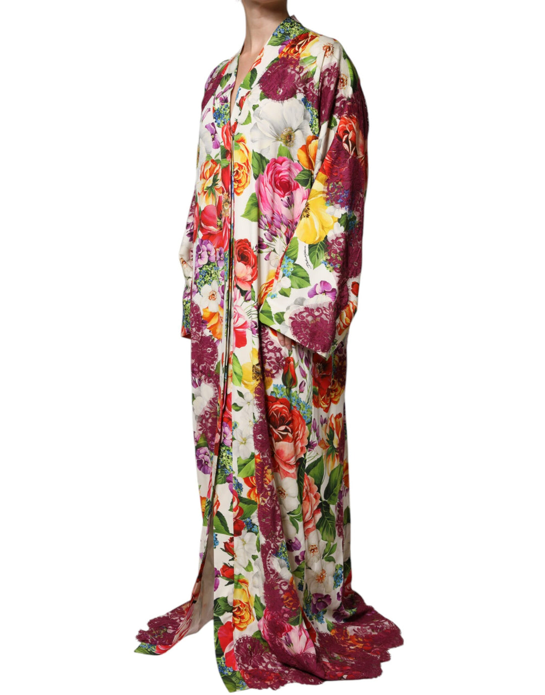 Dolce & Gabbana Multicolor Floral Lace Silk Abaya Long Sleeves Dress