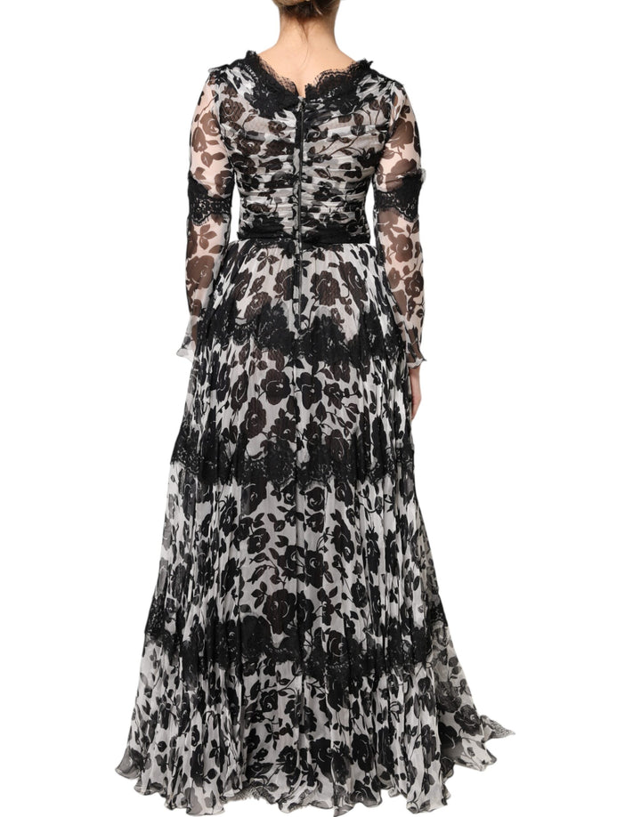 Dolce & Gabbana Black Silk Floral Lace Ricamo Ball Maxi Dress