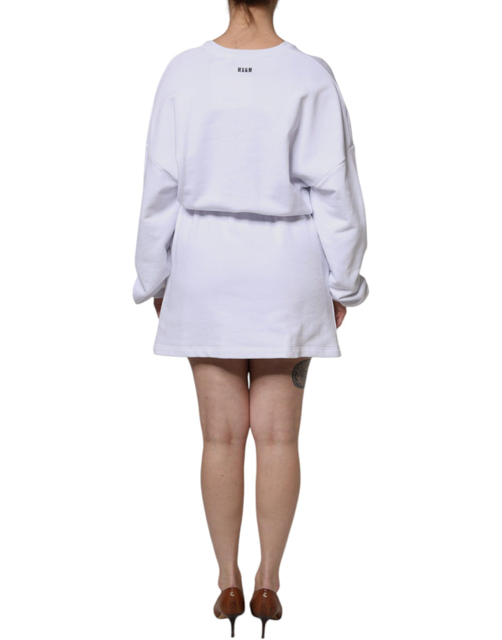 MSGM White Cotton Belted Long Sleeves Crew Neck Mini Dress