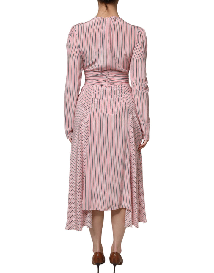 Ermanno Scervino Pink Stripes Silk Long Sleeves Midi Dress