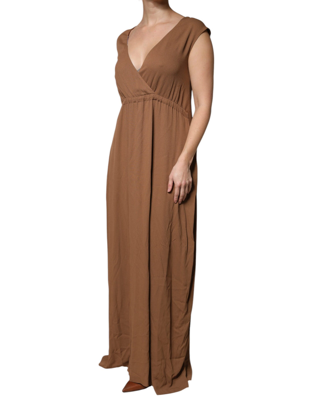 Fabiana Filippi Brown Sleeveless Deep V-neck A-line Long Maxi Dress