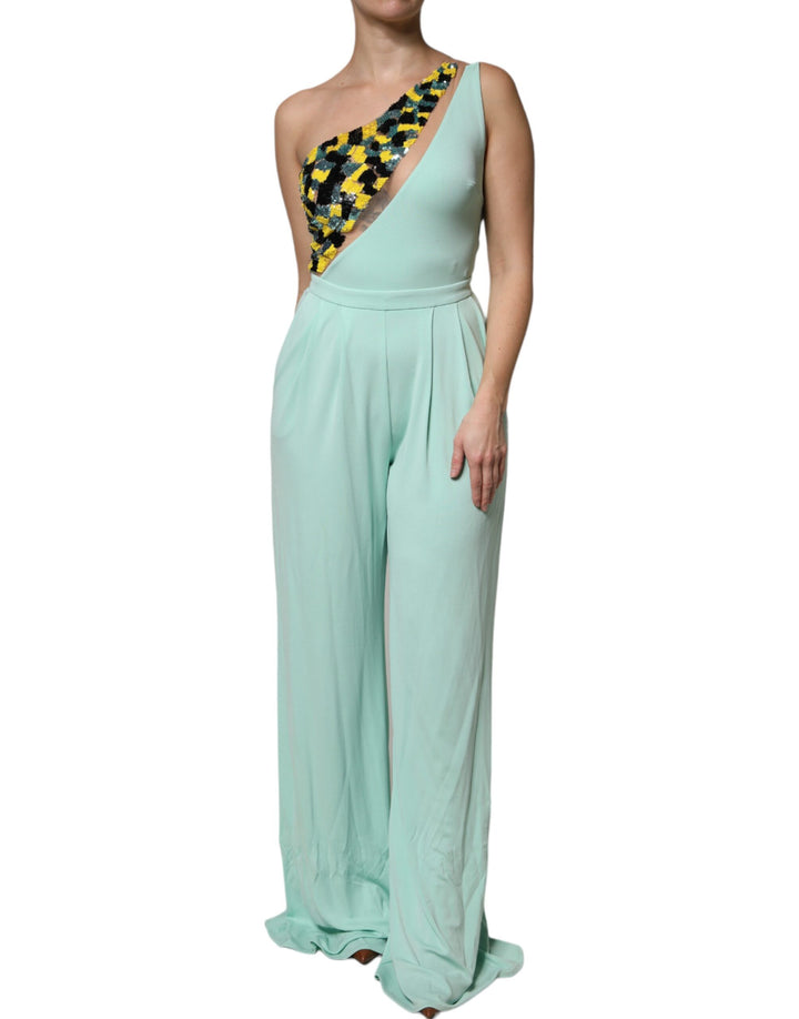 Elisabetta Franchi Mint Green One Shoulder Long Jumpsuit Dress