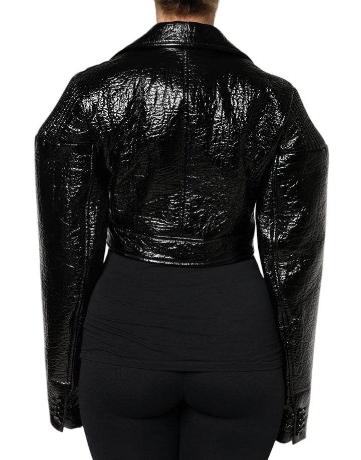 Dolce & Gabbana Black Leather Cropped Long Sleeve Coat Jacket