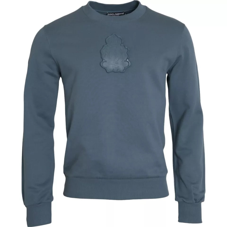 Dolce & Gabbana Blue Cotton Logo Patch Crew Neck Men Pullover Sweater