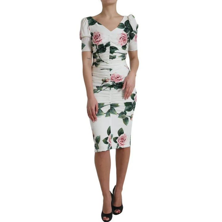 Dolce & Gabbana White Roses Print Stretch Silk Pleated Dress