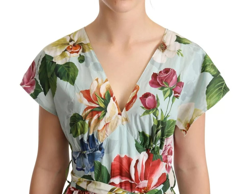 Dolce & Gabbana Green Floral Short Sleeves V-neck Dress