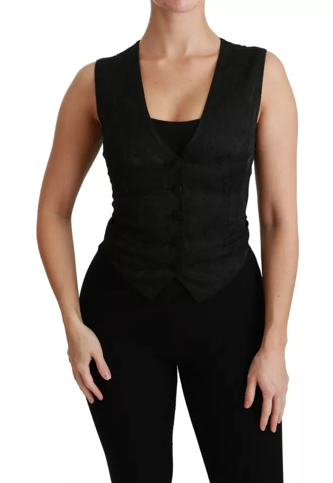 Dolce & Gabbana Black Lace Waistcoat Slim Vest Silk Top