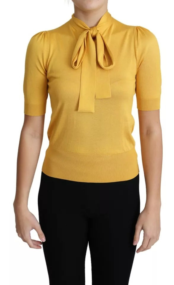 Dolce & Gabbana Yellow Silk Knit Pullover Ascot Collar Top