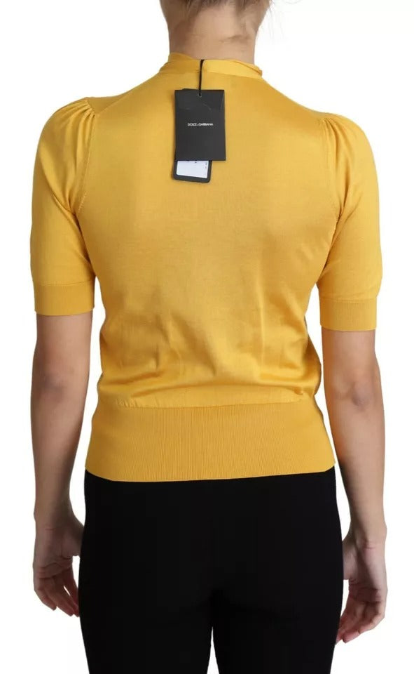 Dolce & Gabbana Yellow Silk Knit Pullover Ascot Collar Top