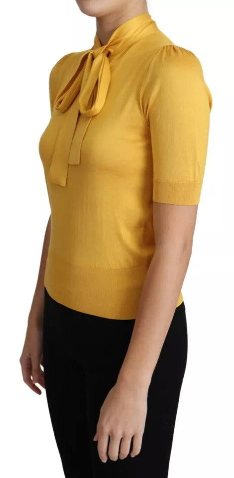 Dolce & Gabbana Yellow Silk Knit Pullover Ascot Collar Top