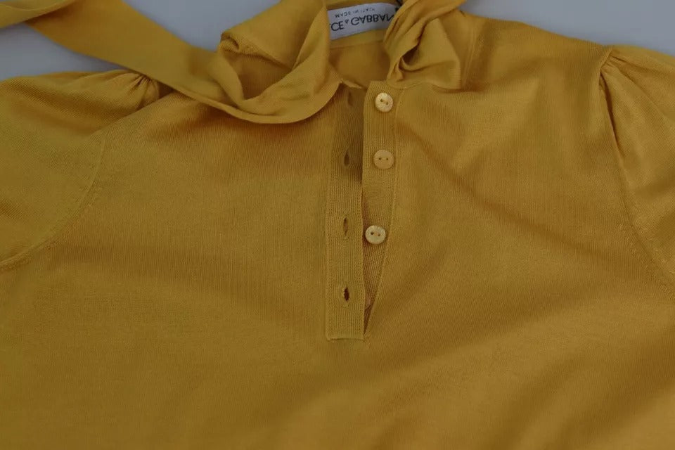 Dolce & Gabbana Yellow Silk Knit Pullover Ascot Collar Top