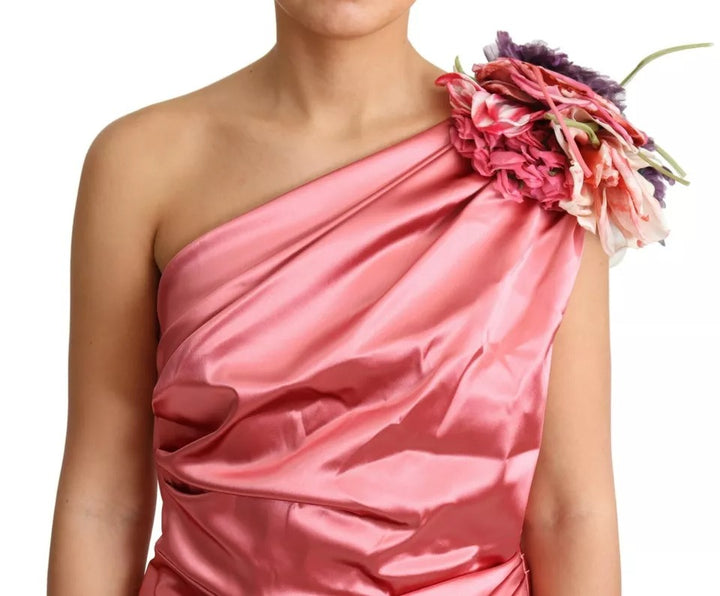 Dolce & Gabbana Pink Draped Midi Flower Applique Dress