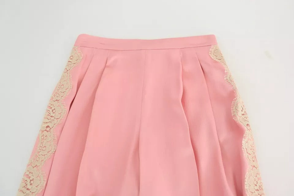 Dolce & Gabbana Pink Lace Trimmed Silk Satin Wide Legs Pants