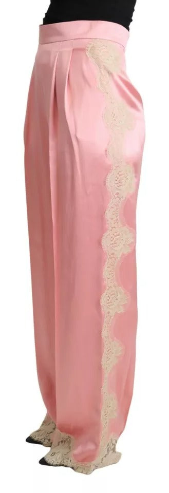 Dolce & Gabbana Pink Lace Trimmed Silk Satin Wide Legs Pants