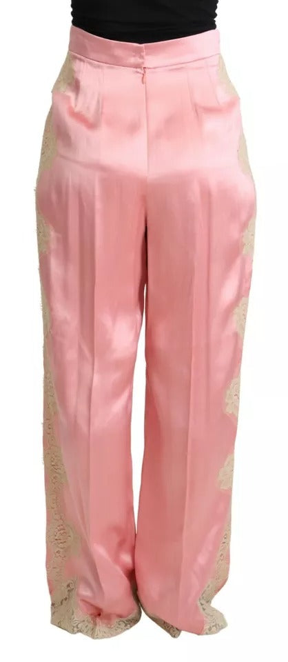 Dolce & Gabbana Pink Lace Trimmed Silk Satin Wide Legs Pants