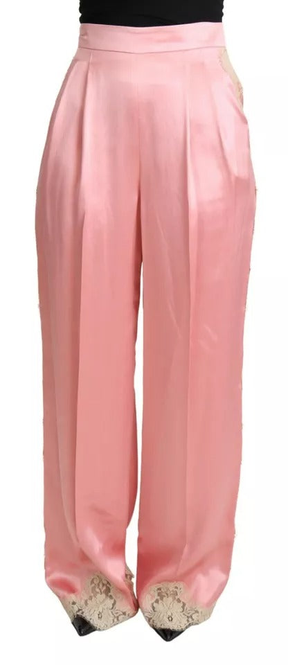 Dolce & Gabbana Pink Lace Trimmed Silk Satin Wide Legs Pants