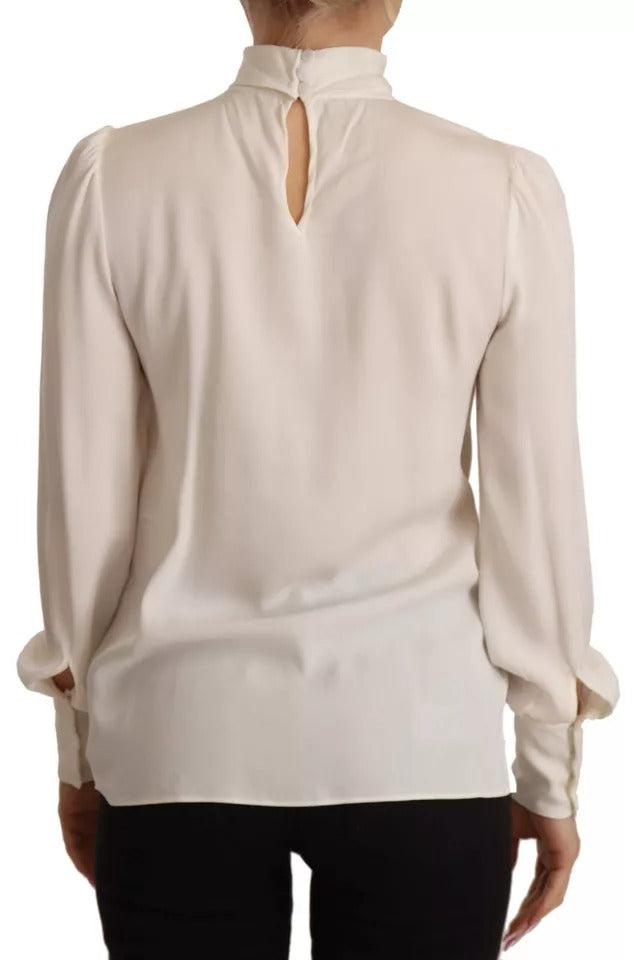 Dolce & Gabbana Off White Silk Long Sleeve Turtle Neck Top