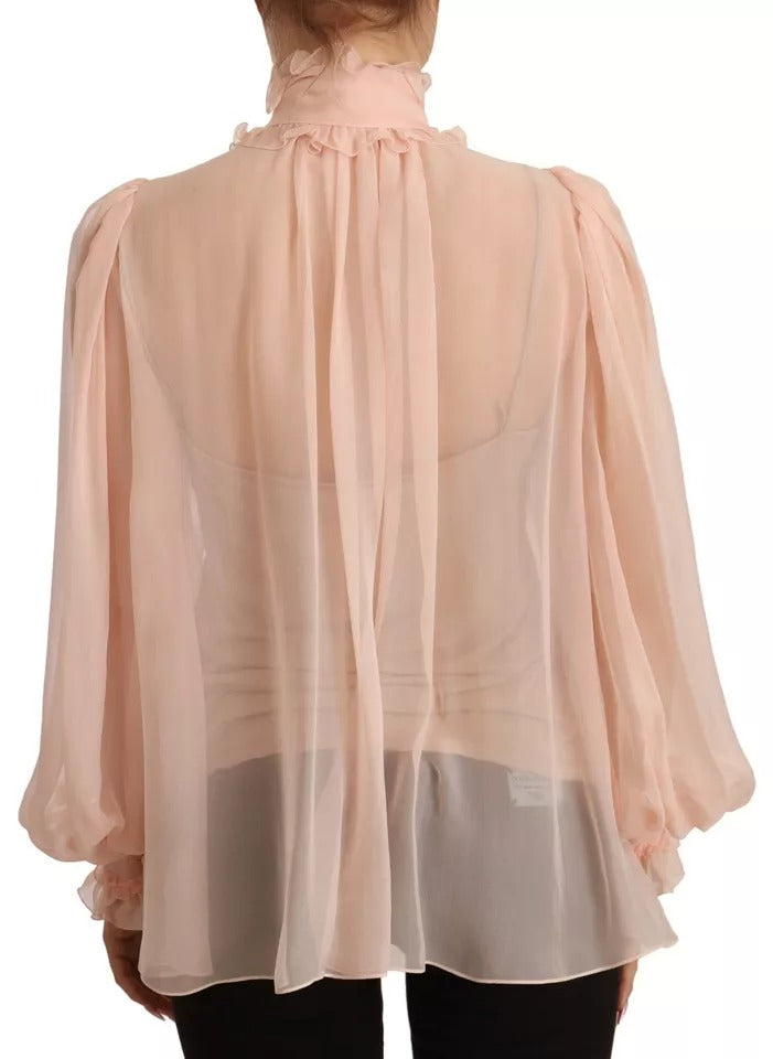 Dolce & Gabbana Light Pink Silk Long Sleeve Ascot Collar Top