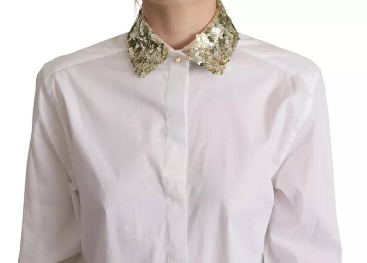 Dolce & Gabbana White Cotton Collared Long Sleeves Sequin Top Shirt