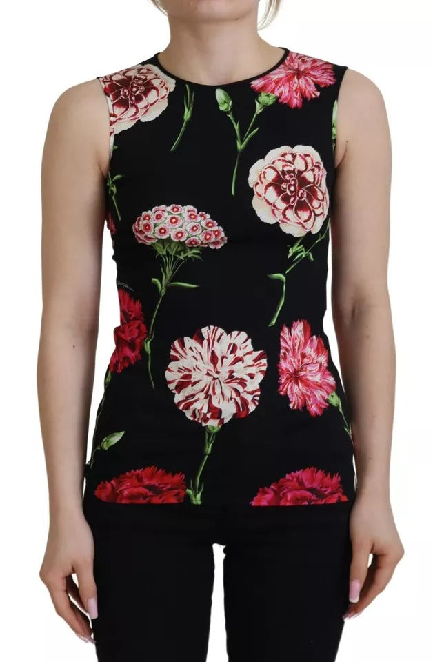 Dolce & Gabbana Black Floral Sleeveless Tank Top Silk Blouse