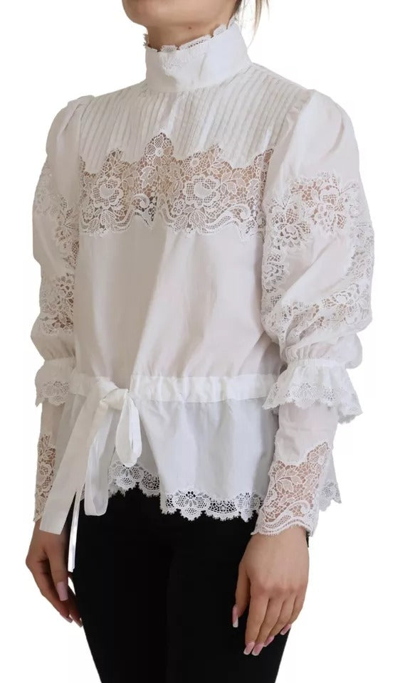 Dolce & Gabbana White Lace Trim Turtleneck Blouse Cotton Top