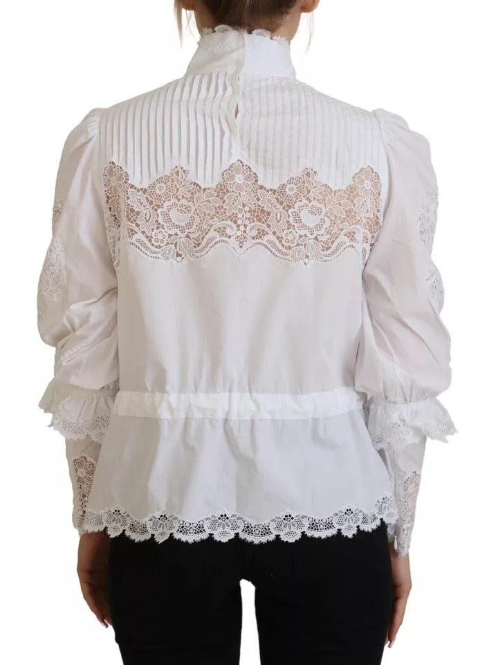 Dolce & Gabbana White Lace Trim Turtleneck Blouse Cotton Top