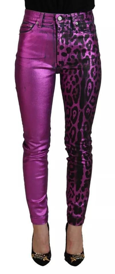 Dolce & Gabbana Purple Leopard Cotton Slim Fit Denim Jeans