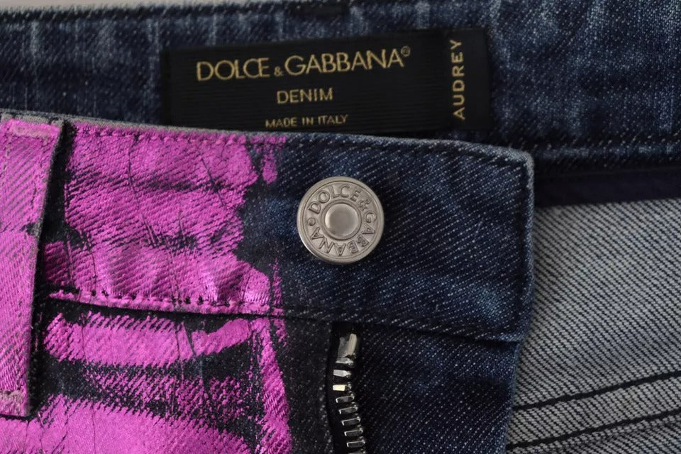 Dolce & Gabbana Purple Leopard Cotton Slim Fit Denim Jeans