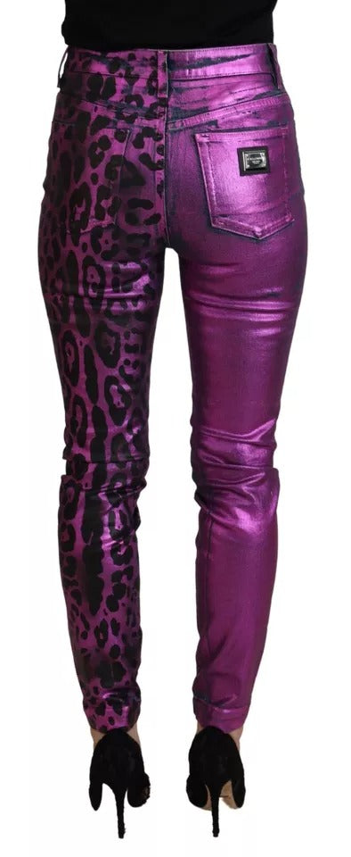 Dolce & Gabbana Purple Leopard Cotton Slim Fit Denim Jeans