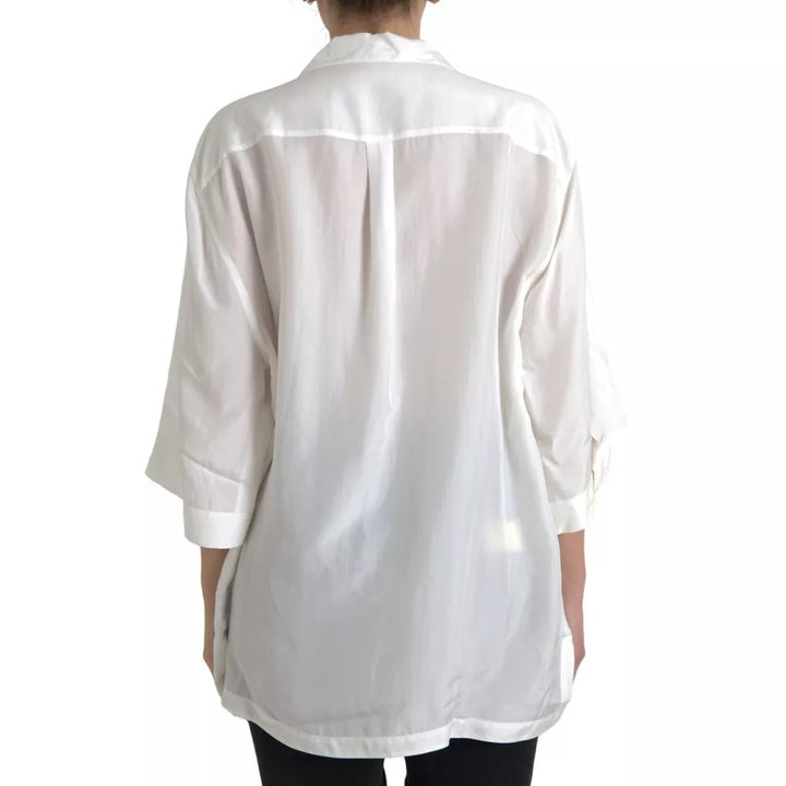 Dolce & Gabbana White Silk Collared 3/4 Sleeves Blouse Top