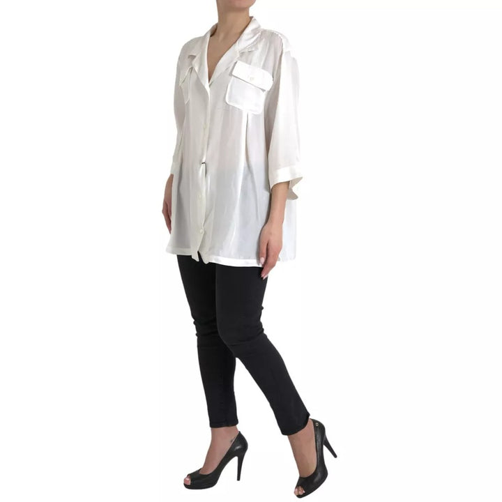 Dolce & Gabbana White Silk Collared 3/4 Sleeves Blouse Top