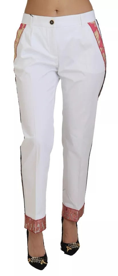 Dolce & Gabbana White Jacquard Cotton Blend Mid Waist Pants