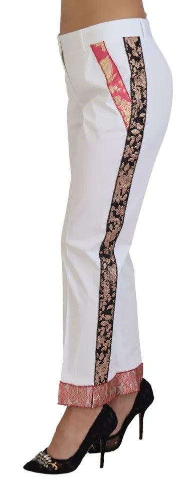 Dolce & Gabbana White Jacquard Cotton Blend Mid Waist Pants