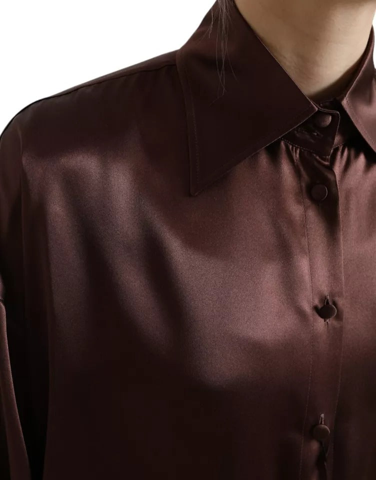 Dolce & Gabbana Brown Silk Collared Long Sleeves Top Blouse