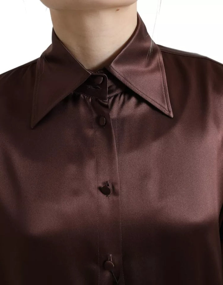 Dolce & Gabbana Brown Silk Collared Long Sleeves Top Blouse