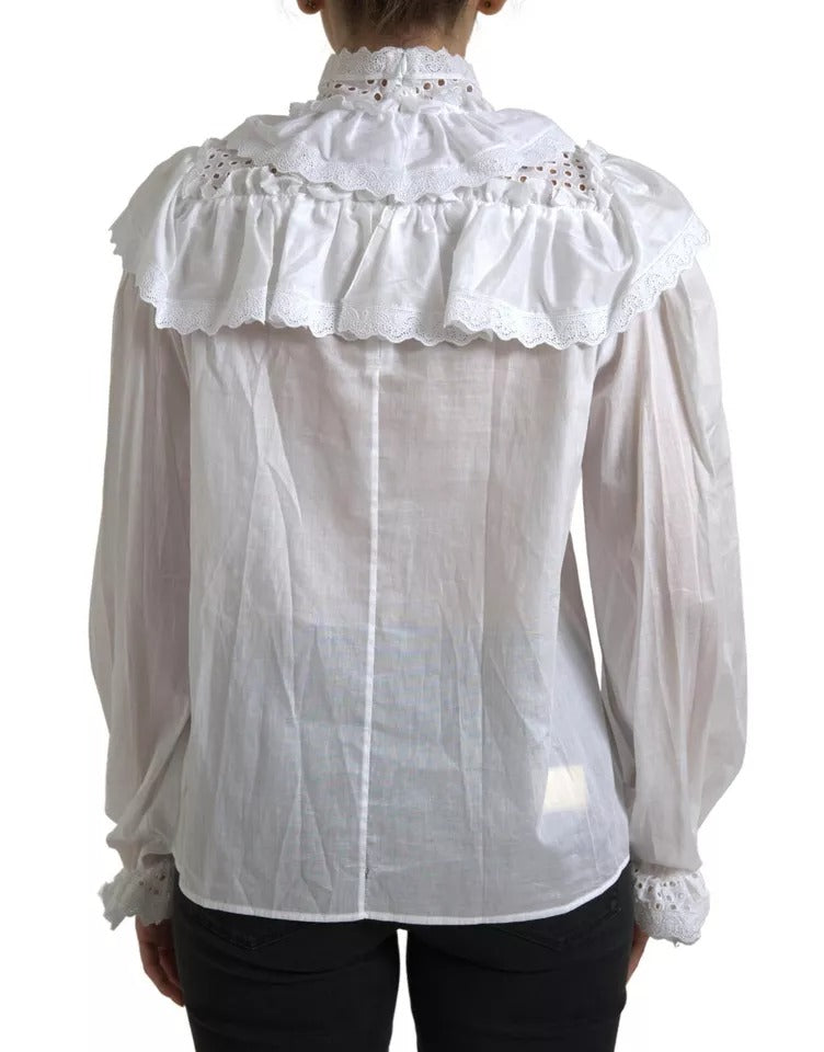 Dolce & Gabbana White Cotton Lace Trim Turtle Neck Blouse