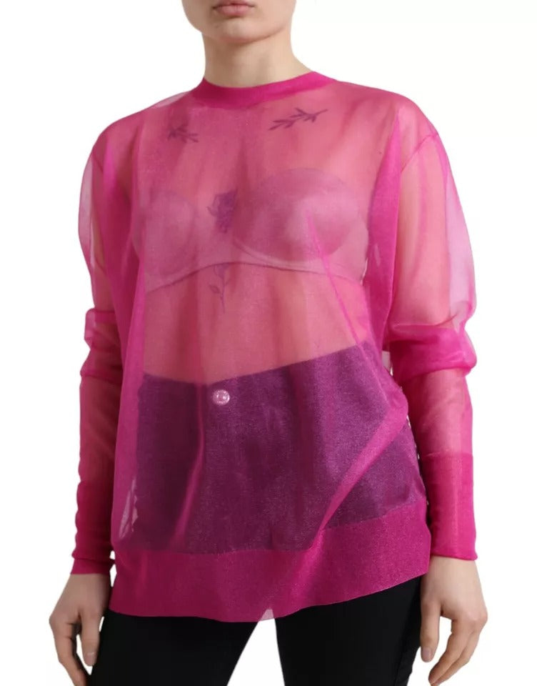 Dolce & Gabbana Pink Sheer Long Sleeves Crewneck Top Blouse