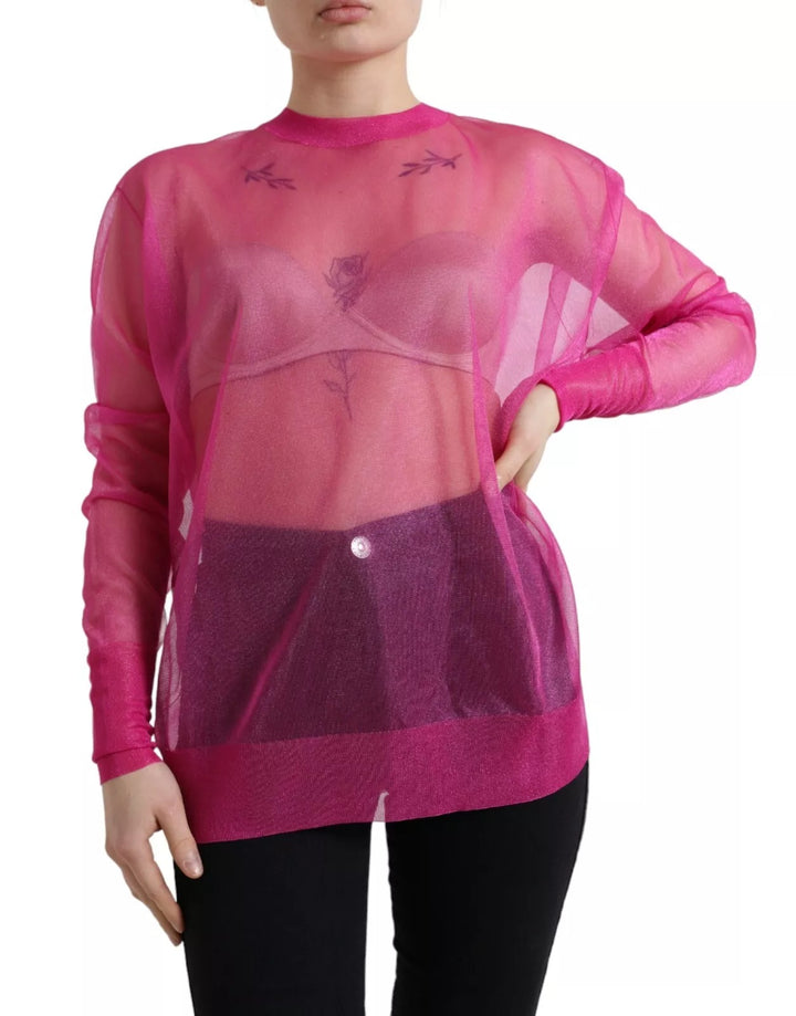 Dolce & Gabbana Pink Sheer Long Sleeves Crewneck Top Blouse