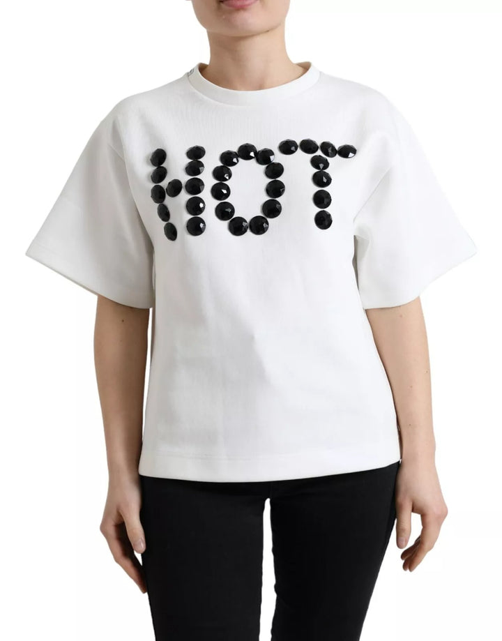 Dolce & Gabbana White Cotton Stretch Black HOT Crystal T-shirt